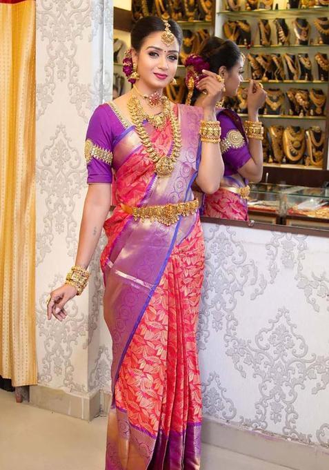 Pink Woven Silk Blend Saree Set