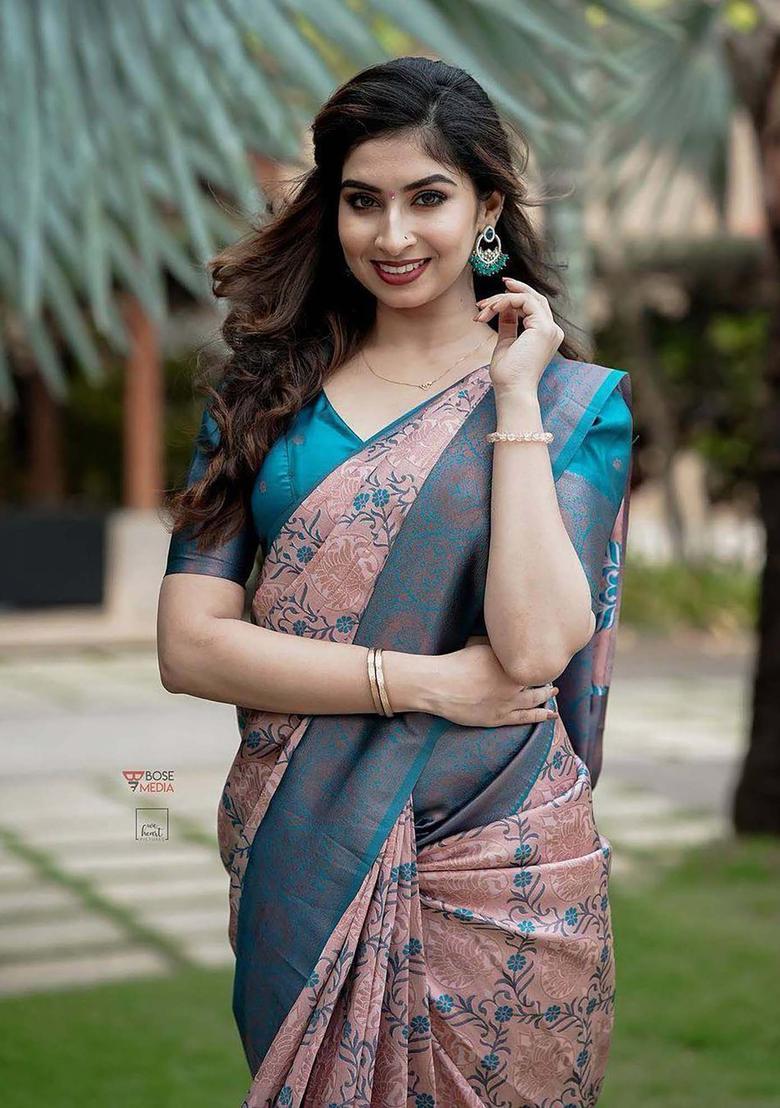 Pink Floral Print Jacquard Saree Set - Indya