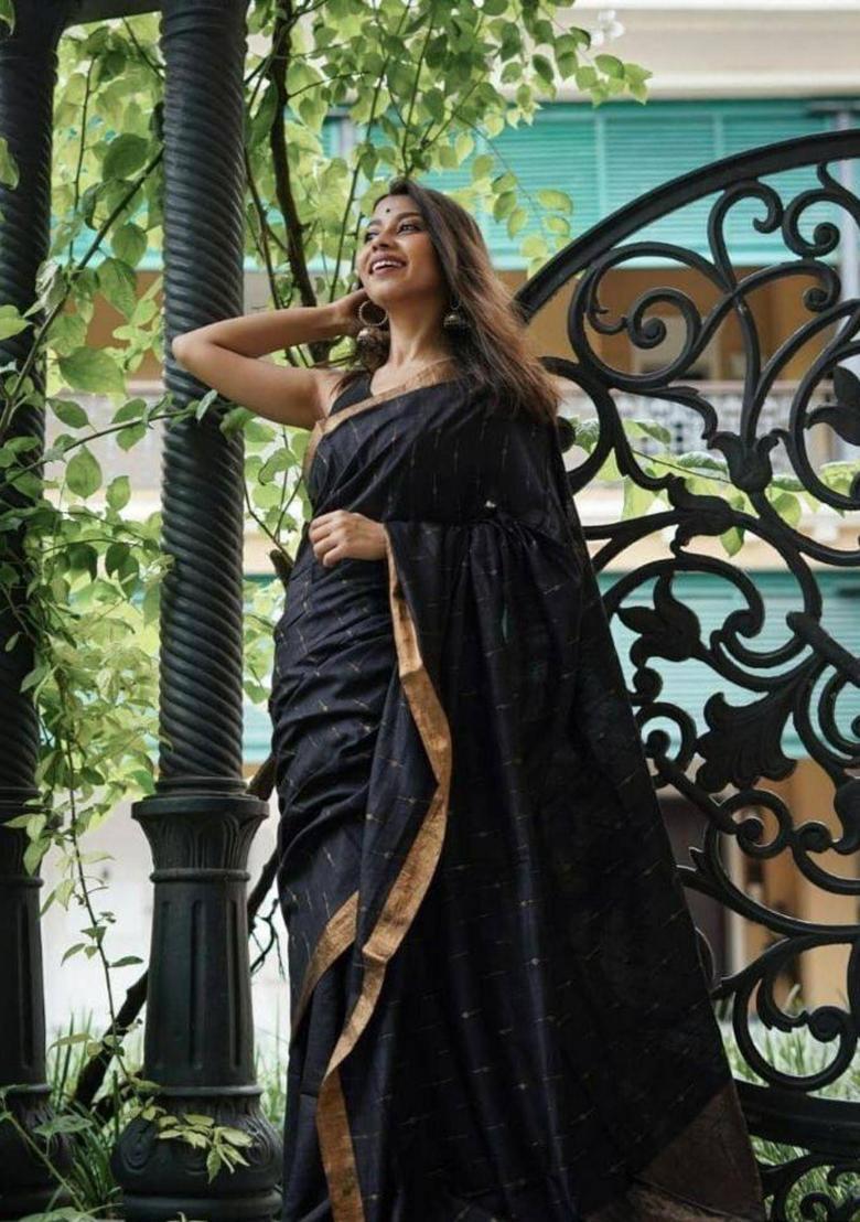 Black Woven Silk Blend Saree Set - Indya