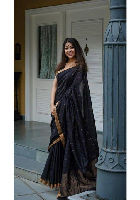 Black Woven Silk Blend Saree Set