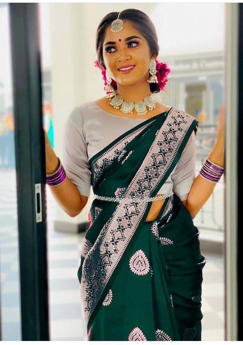 Green Woven Jacquard Saree Set - Indya