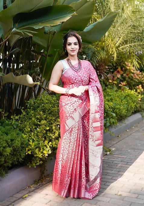 Pink Woven Jacquard Saree Set