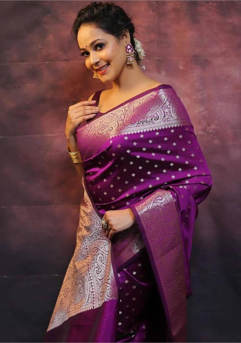 Purple Woven Jacquard Saree Set - Indya