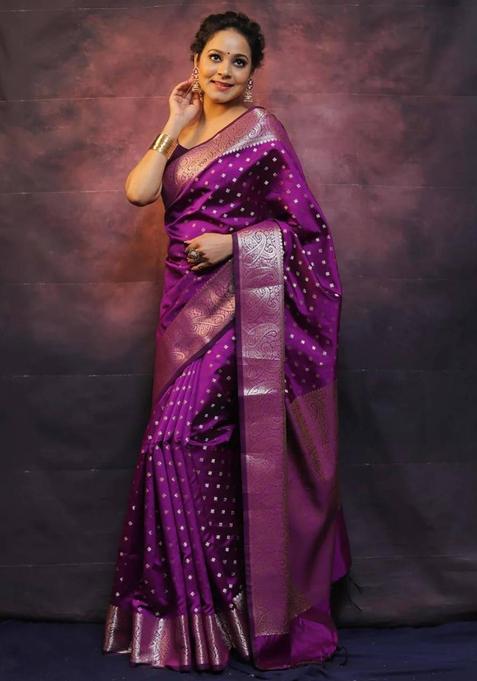 Purple Woven Jacquard Saree Set