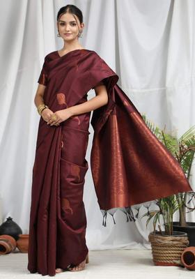 Brown Woven Silk Blend Saree Set