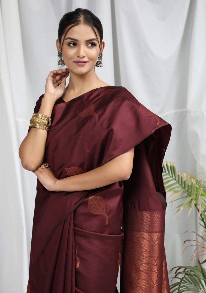 Brown Woven Silk Blend Saree Set - Indya
