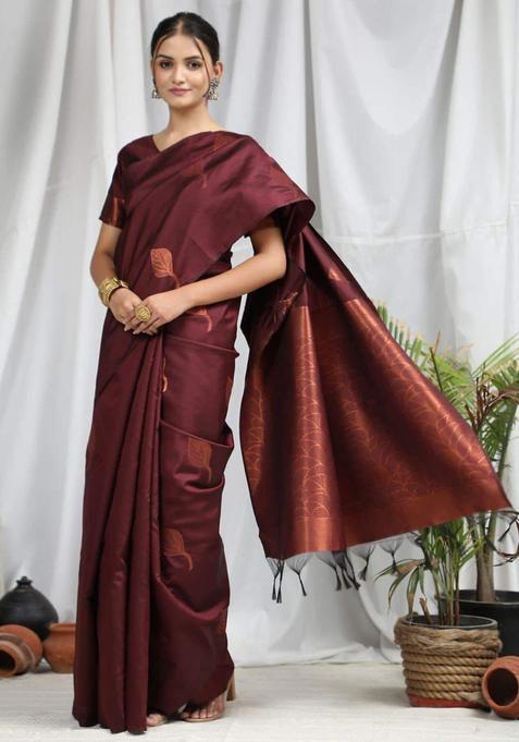 Brown Woven Silk Blend Saree Set