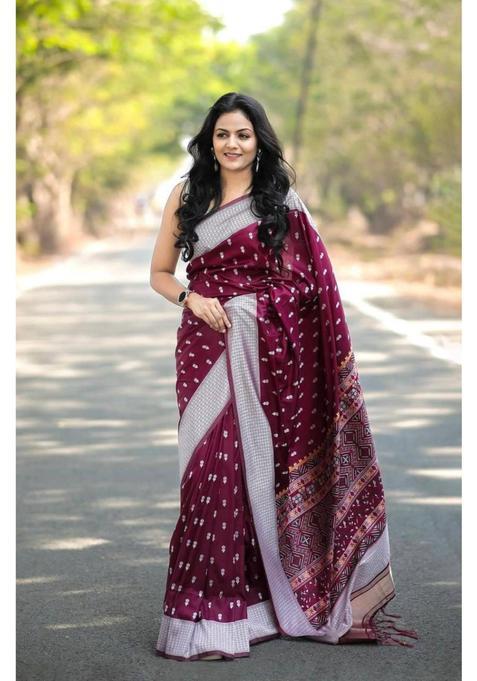 Wine Woven Jacquard Saree Set
