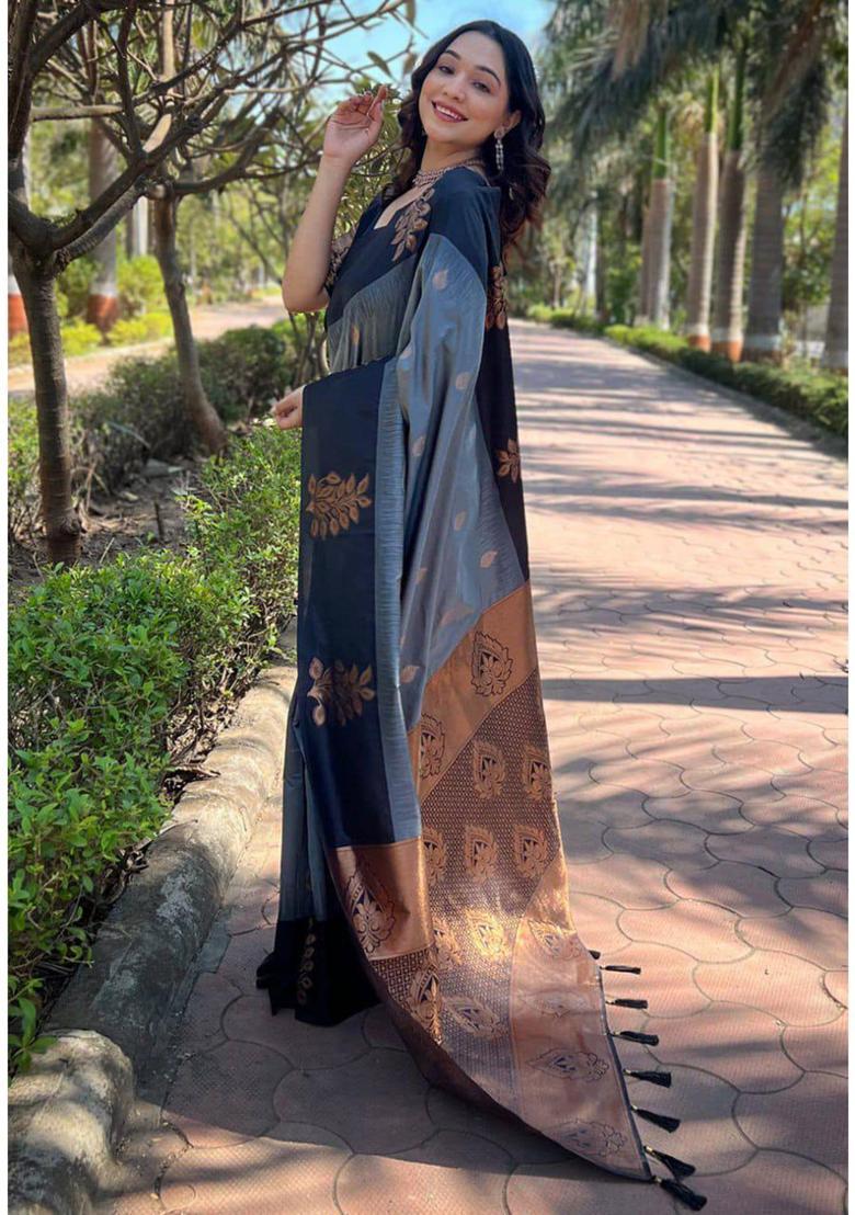 Grey Woven Jacquard Saree Set - Indya