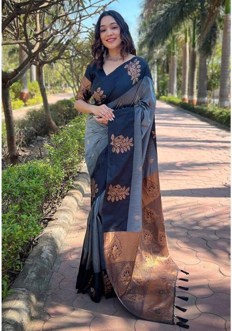 Grey Woven Jacquard Saree Set