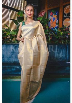 Cream Printed Jacquard Saree Set