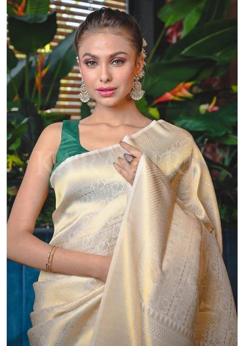 Cream Printed Jacquard Saree Set - Indya