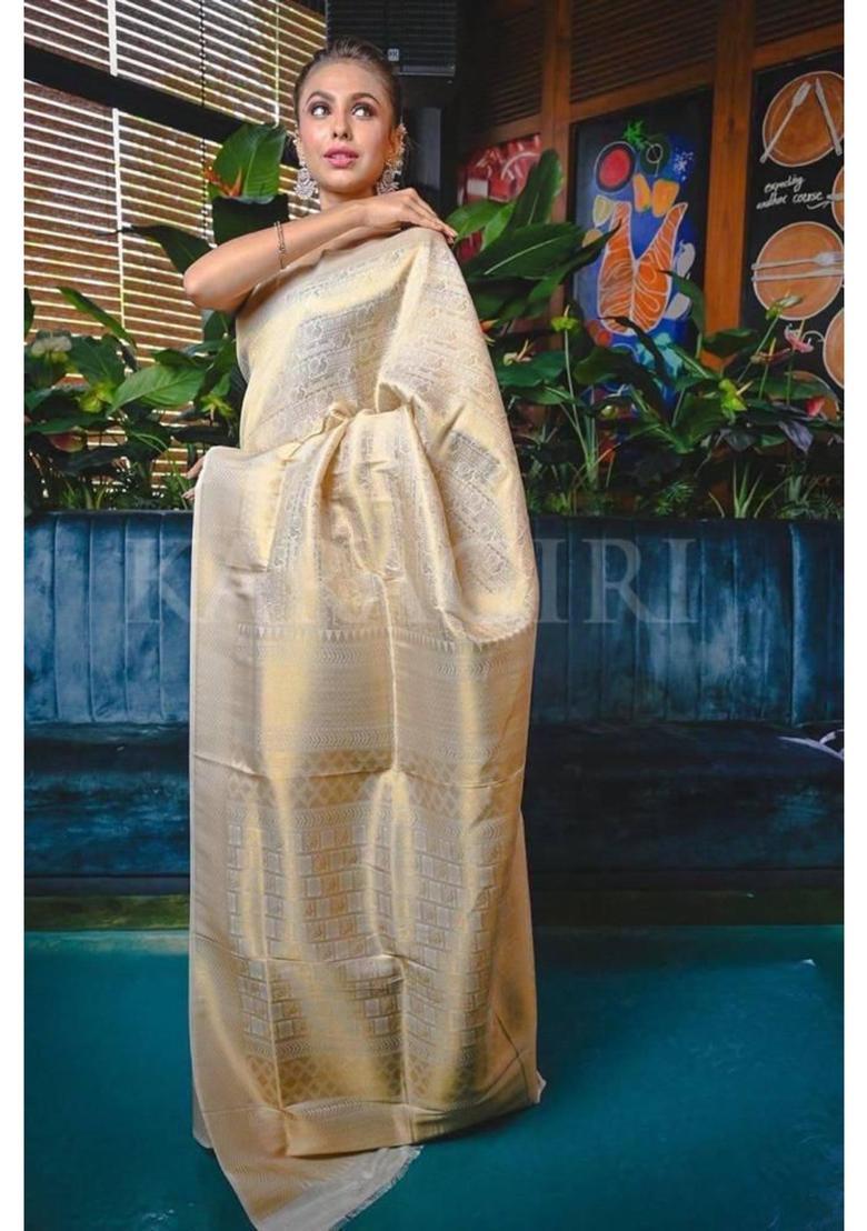 Cream Printed Jacquard Saree Set - Indya