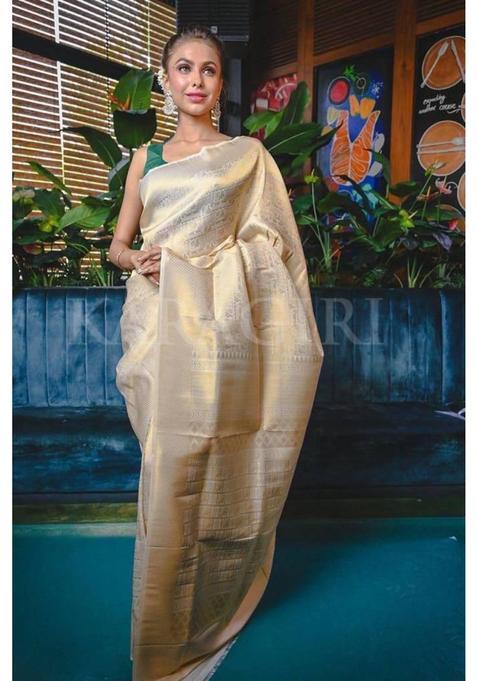 Cream Printed Jacquard Saree Set