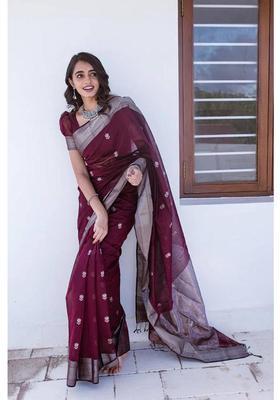 Purple Woven Silk Blend Saree Set