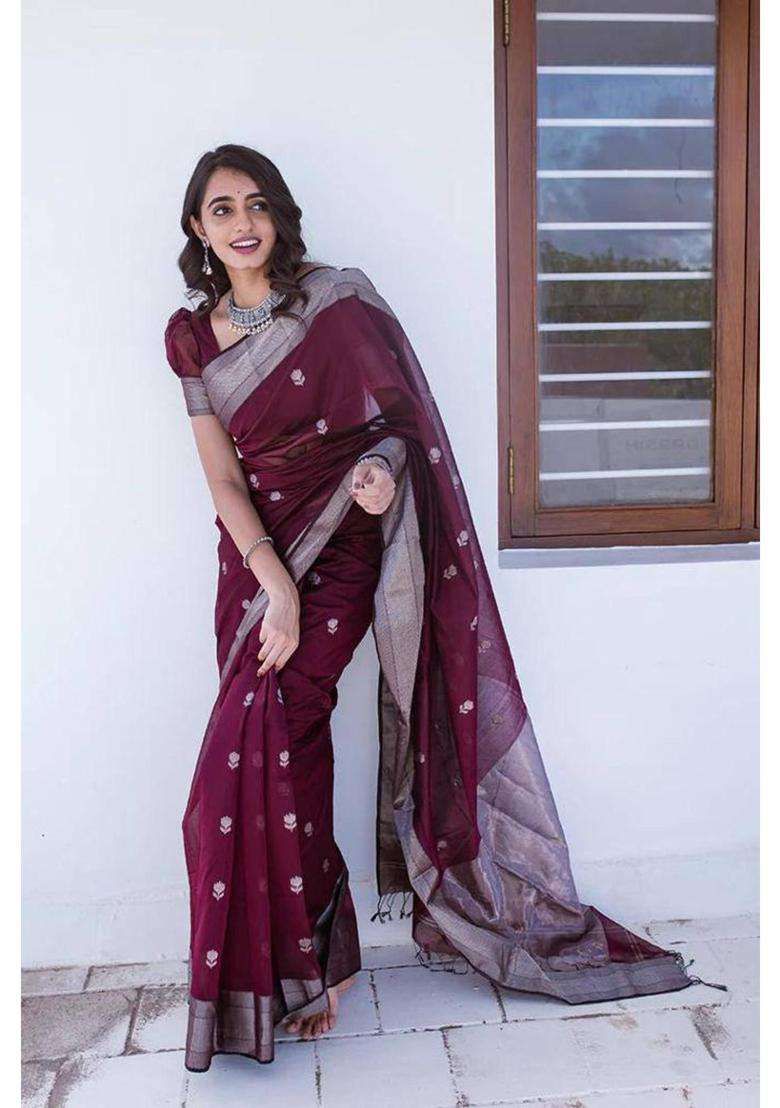 Purple Woven Silk Blend Saree Set for Diwali and Festive Wear - Indya