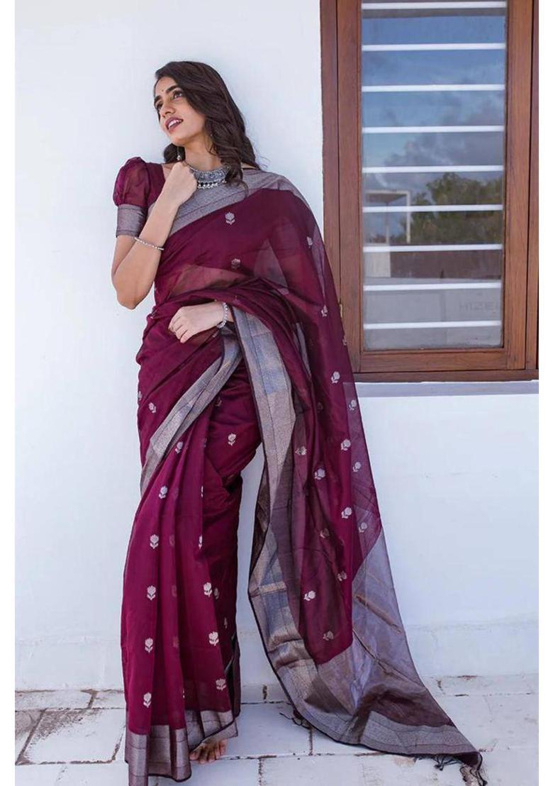 Purple Woven Silk Blend Saree Set - Indya