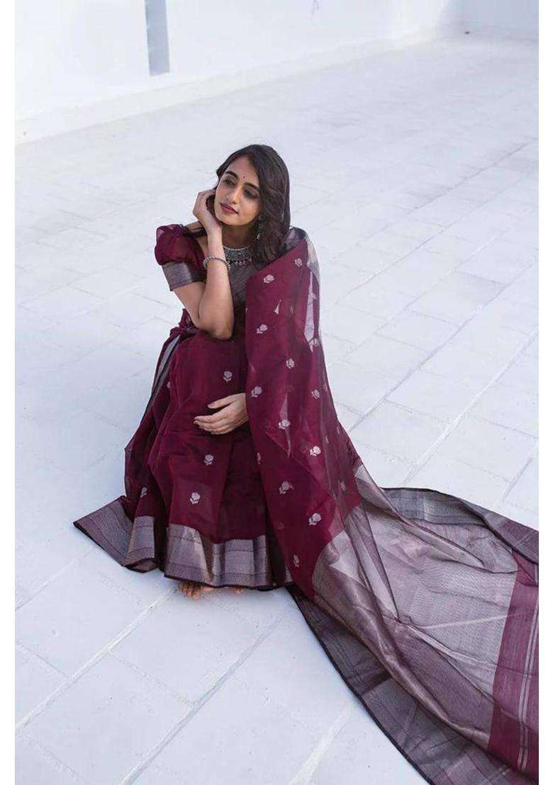 Purple Woven Silk Blend Saree Set for Diwali and Festive Wear - Indya