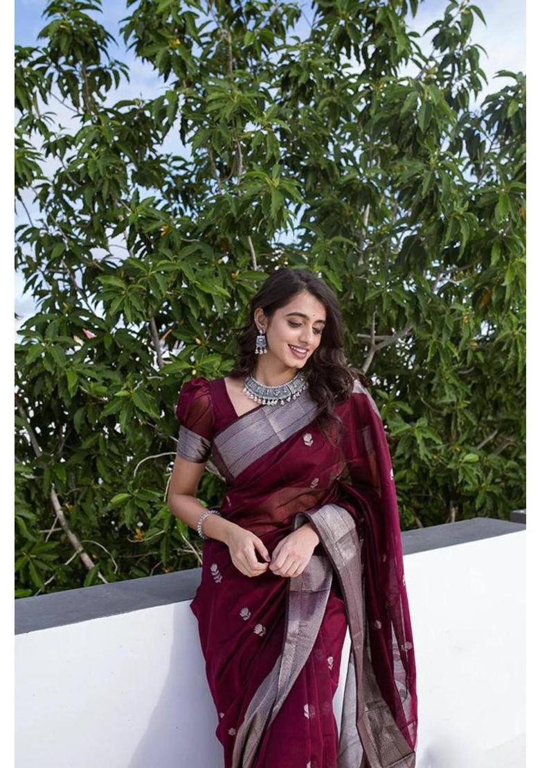 Purple Woven Silk Blend Saree Set - Indya