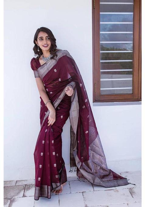 Purple Woven Silk Saree Set