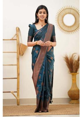 Teal Woven Silk Blend Saree Set