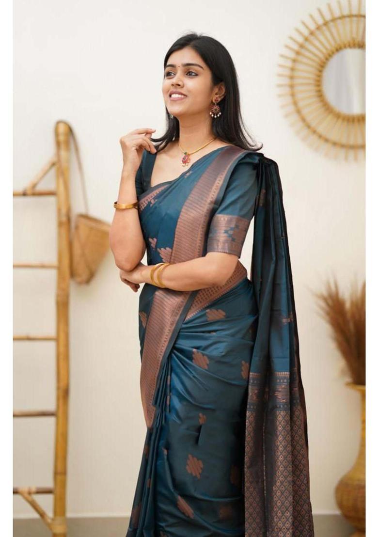 Teal Woven Silk Blend Saree Set - Indya