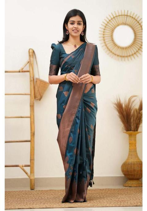 Teal Woven Silk Blend Saree Set