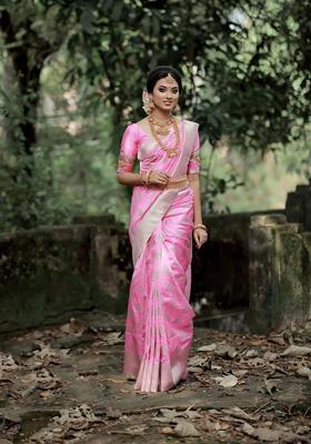 Pink Woven Silk Blend Saree Set