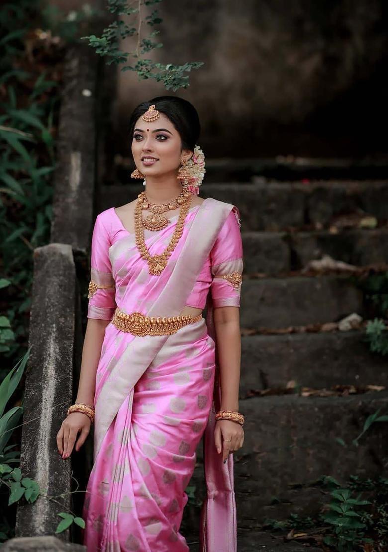 Pink Woven Silk Blend Saree Set - Indya
