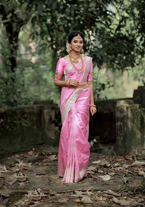 Pink Woven Silk Saree Set