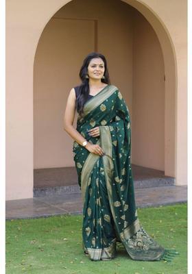 Green Woven Silk Blend Saree Set