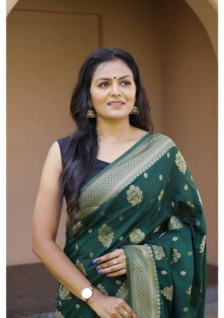 Green Woven Silk Blend Saree Set - Indya