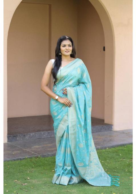 Blue Woven Silk Blend Saree Set