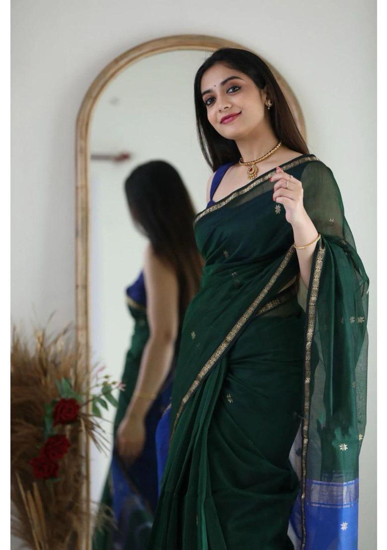 Green Woven Jacquard Saree Set - Indya