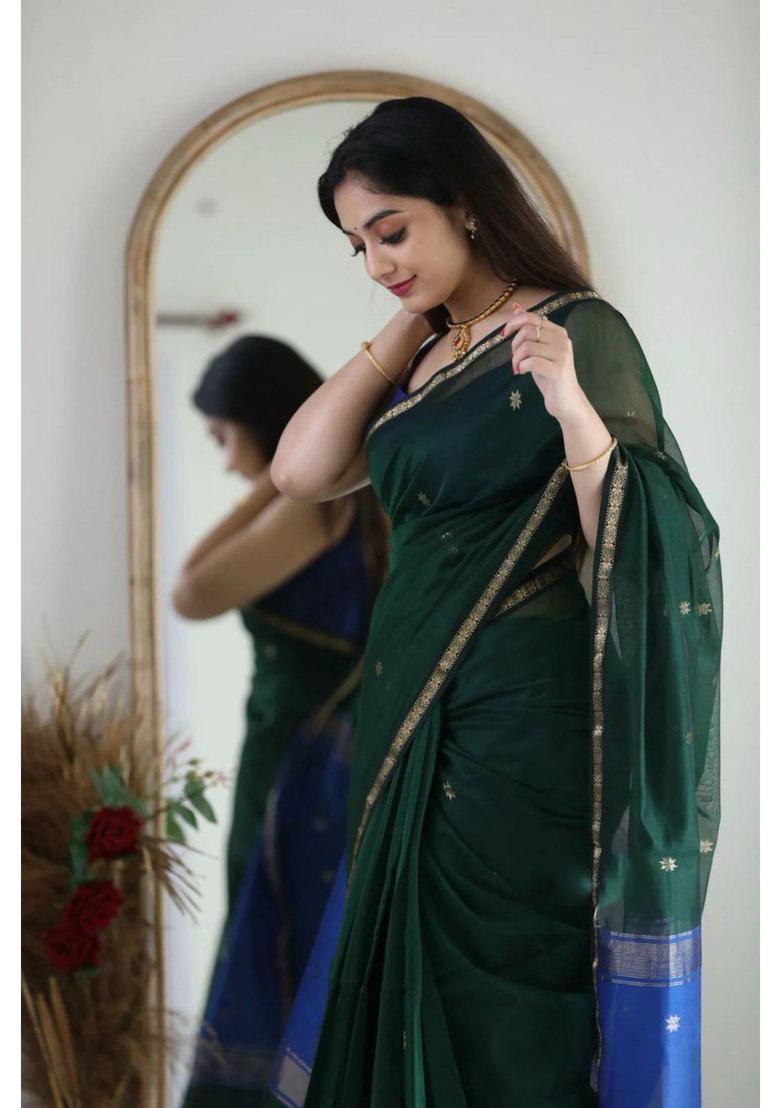 Green Woven Jacquard Saree Set - Indya
