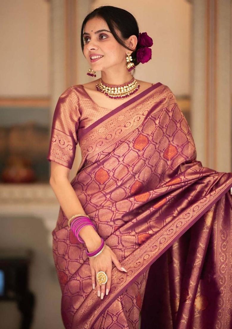 Purple Woven Jacquard Saree Set - Indya