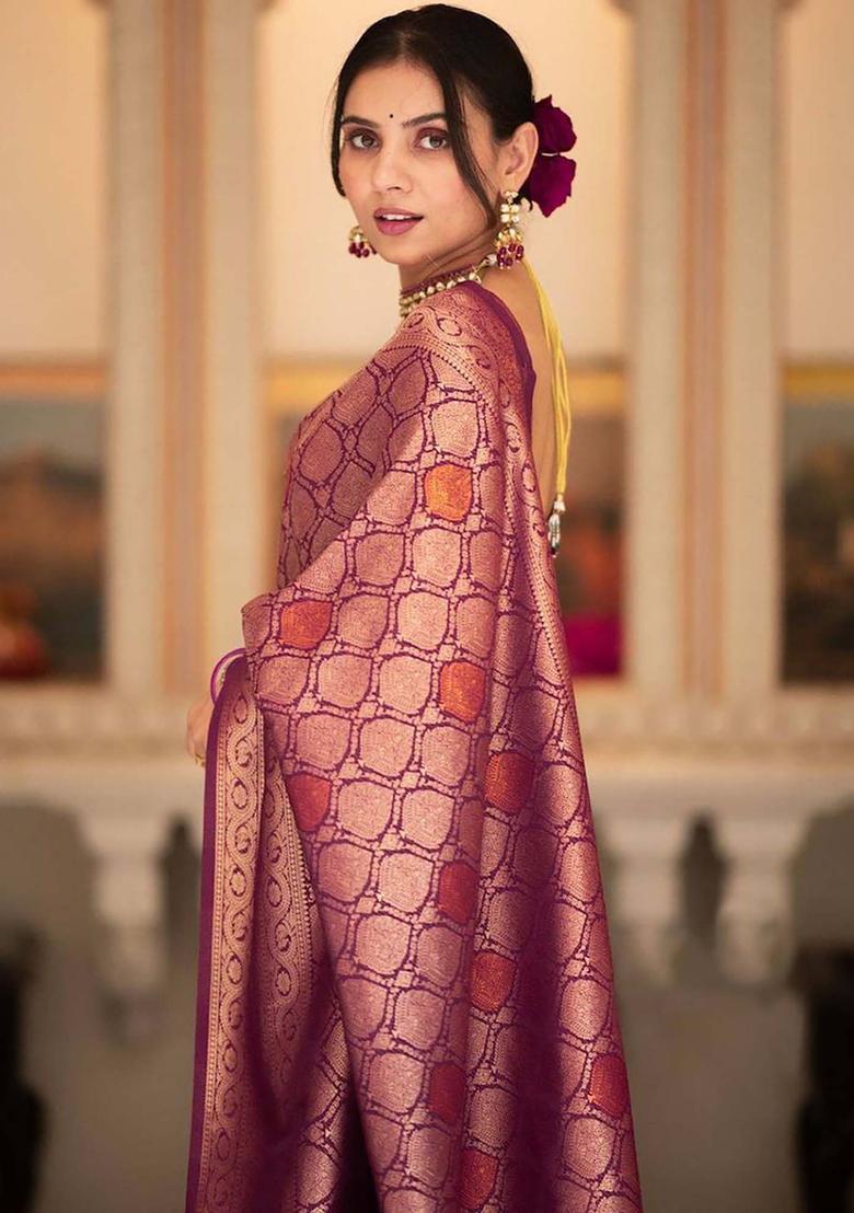 Purple Woven Jacquard Saree Set - Indya