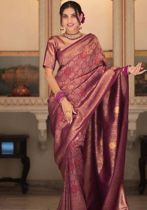 Purple Woven Jacquard Saree Set