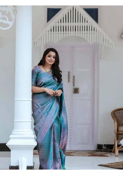Aqua Woven Jacquard Saree Set