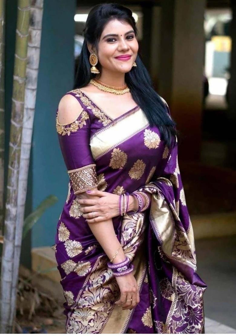 Purple Woven Silk Blend Saree Set - Indya