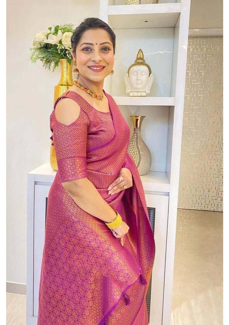 Pink Woven Silk Blend Saree Set - Indya