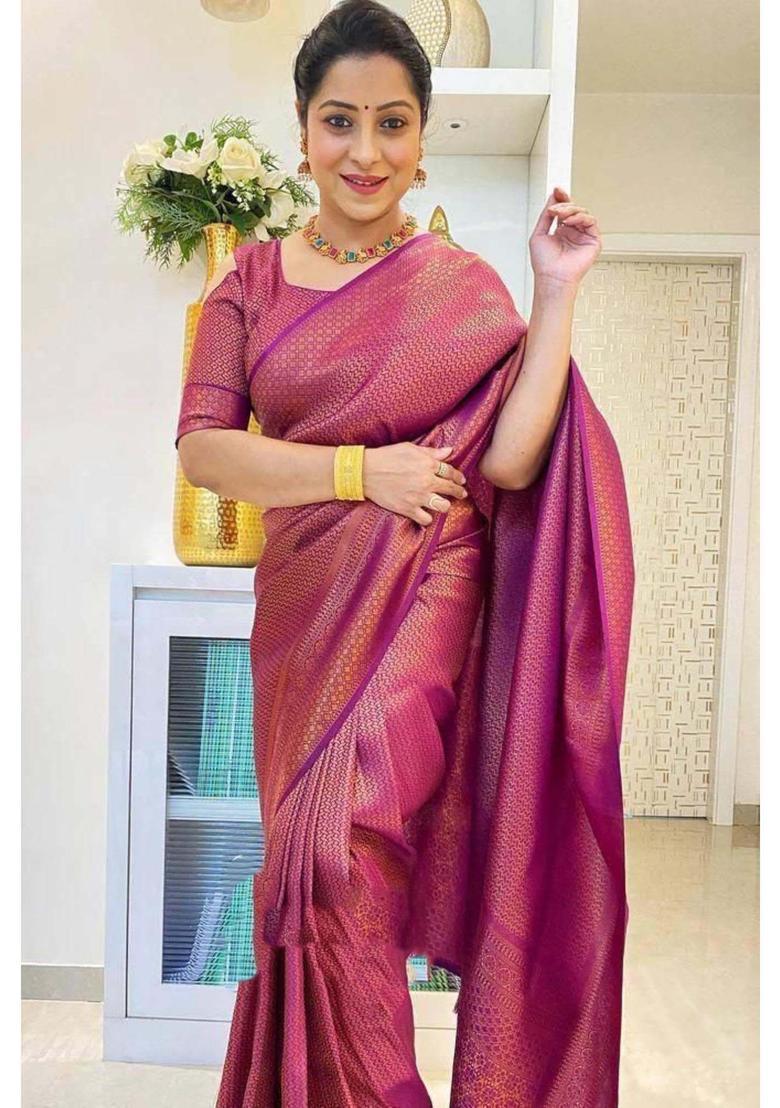 Pink Woven Silk Blend Saree Set - Indya