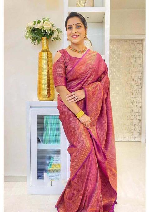 Pink Woven Silk Blend Saree Set