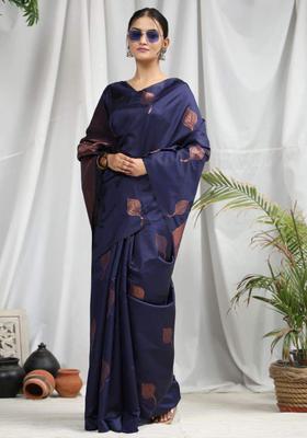 Blue Woven Silk Blend Saree Set