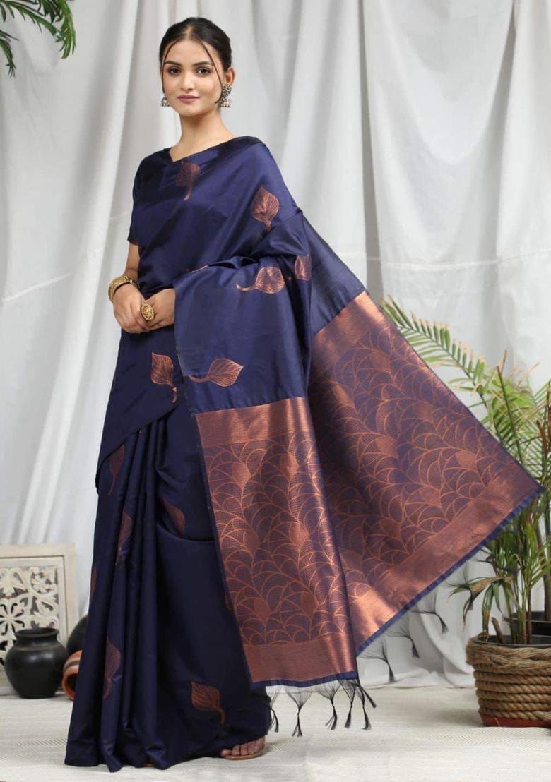 Blue Woven Silk Blend Saree Set - Indya