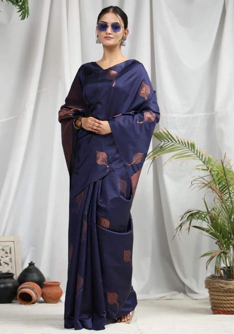 Blue Woven Silk Blend Saree Set
