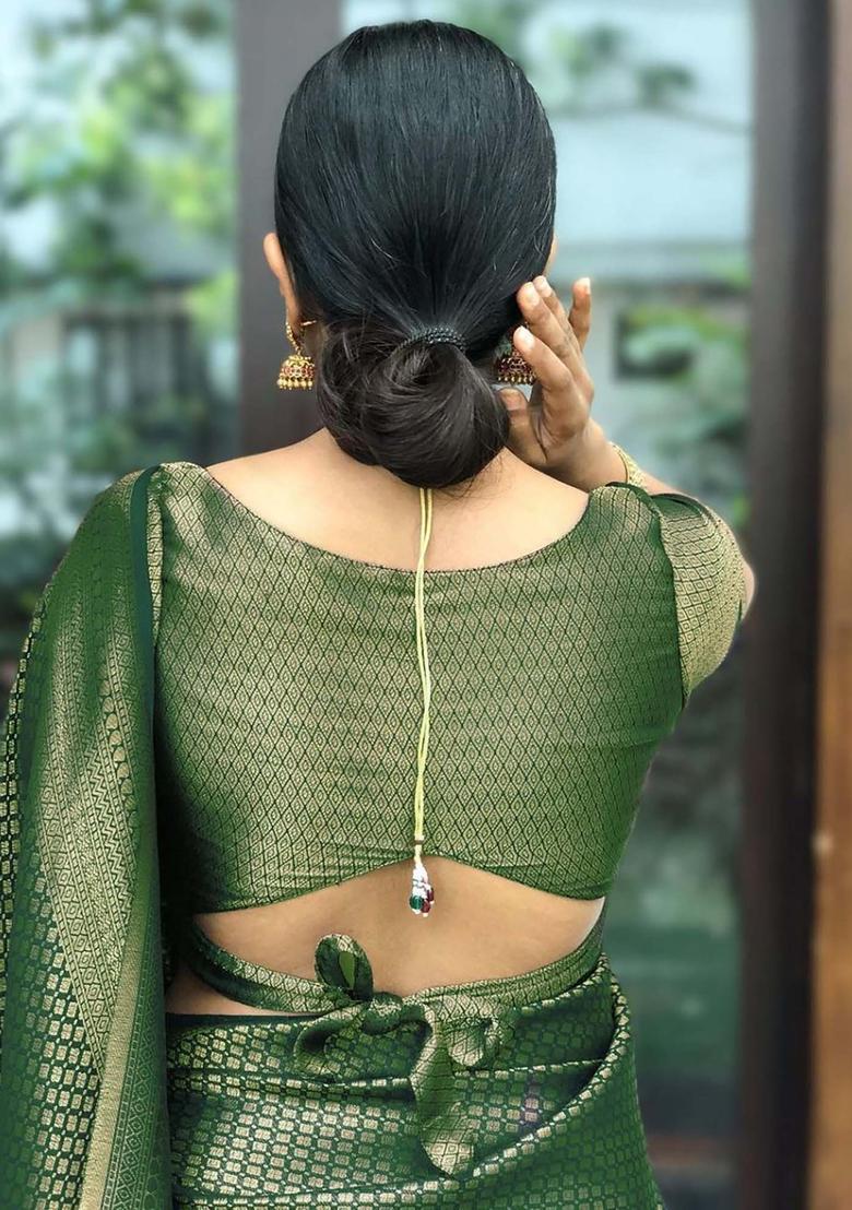 Green Woven Jacquard Saree Set - Indya