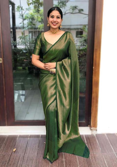 Green Woven Jacquard Saree Set