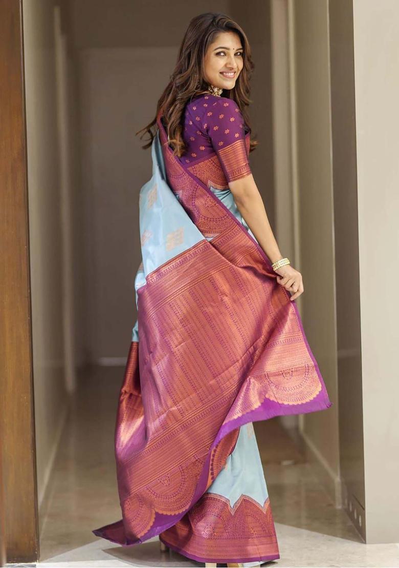 Blue Woven Silk Blend Saree Set - Indya