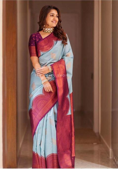 Blue Woven Silk Saree Set